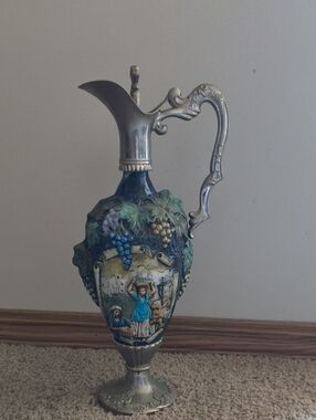 Hand-Painted Blue and Silver Decorative Pitcher Sculpture